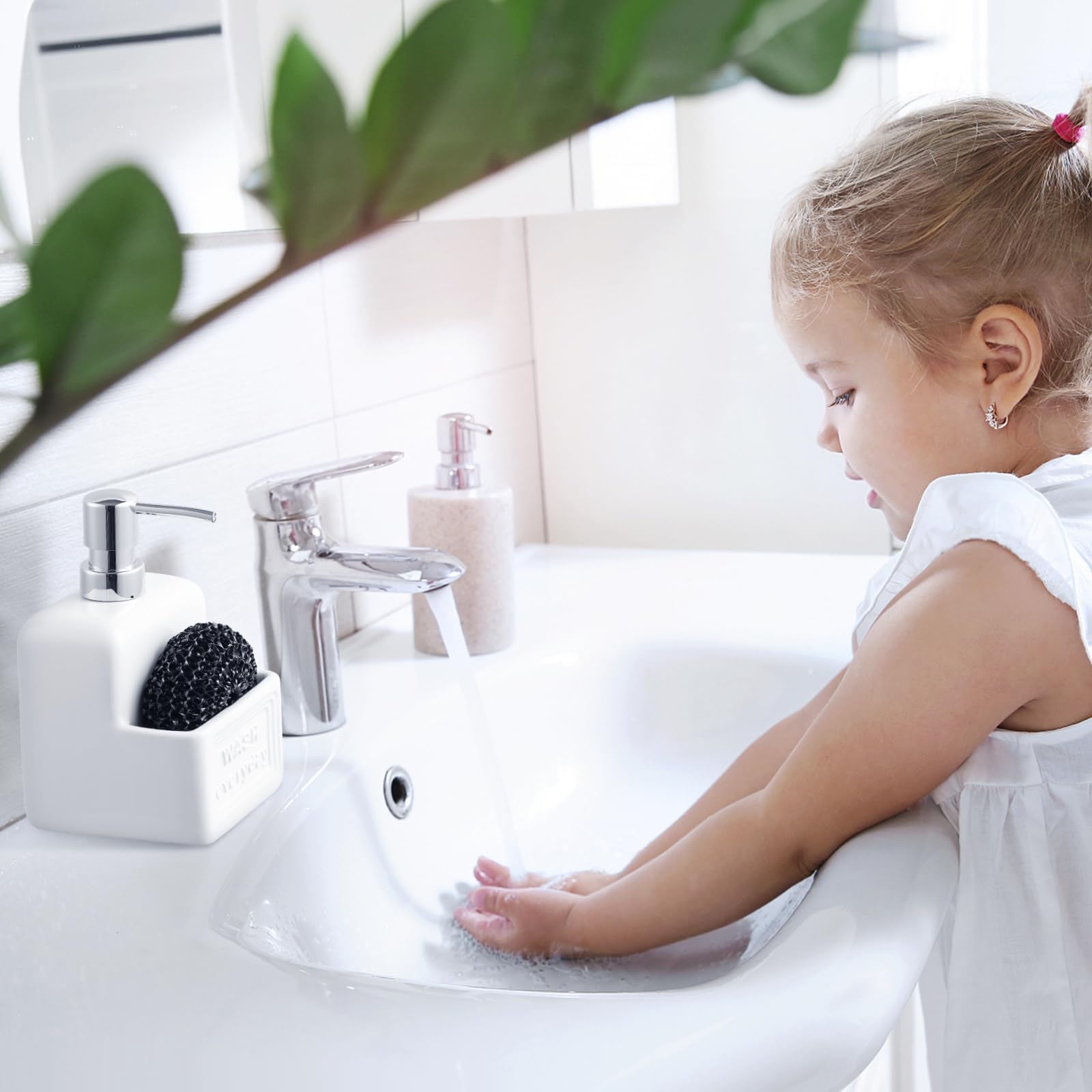 Dispensador de jabón de cerámica con Soporte para Esponja, dispensador de jabón líquido, 420 ml, dispensador de jabón con Bomba para el Cuarto de baño, la Cocina y el lavadero