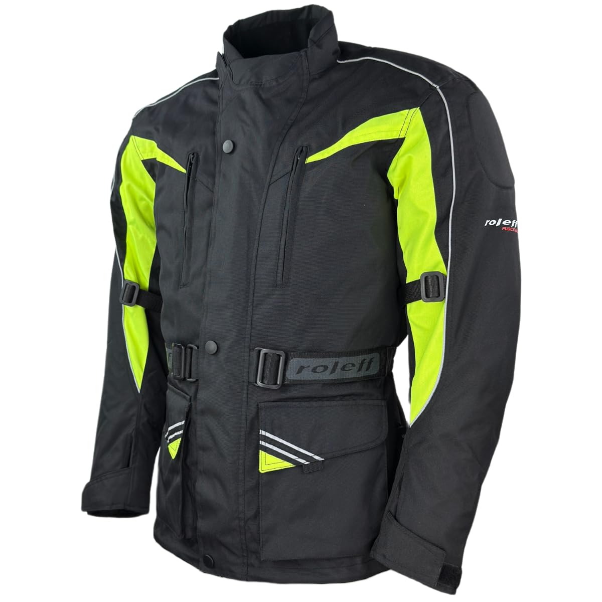 Roleff GIACCA MOTO RO10005 - NERO GIALLO NEON - IMPERMEABILE TRASPIRANTE PROTEZIONI DI SICUREZZA - TAGLIA S - 7XL - IDEALE PER TOURING E USO QUESTO, Nero/giallo fluo, 6XL