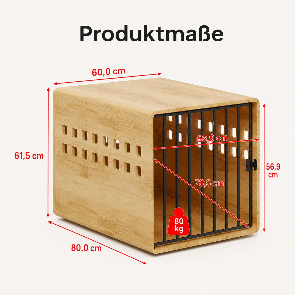 Hundebox Holz mit Metalltür, Indoor Hundehütte, 80 x 60 x 61,5 cm