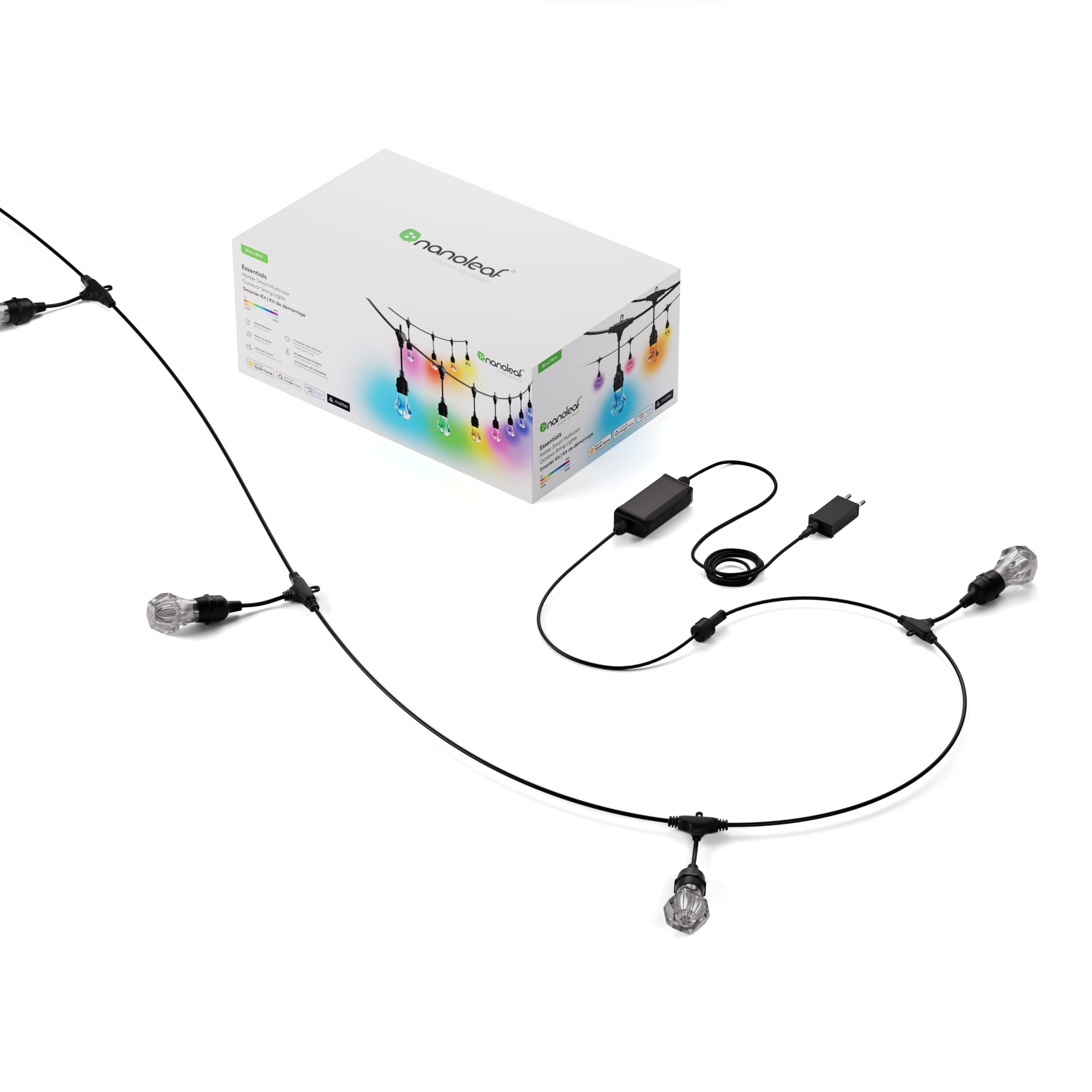 nanoleaf Matter Essentials, łańcuch świetlny zewnętrzny zestaw startowy 30 M LED RGBICW - Światła LED 16 M kolorów, IP65, wodoodporny, 40 inteligentnych żarówek LED, WiFi Bluetooth Matter, do ogrodu
