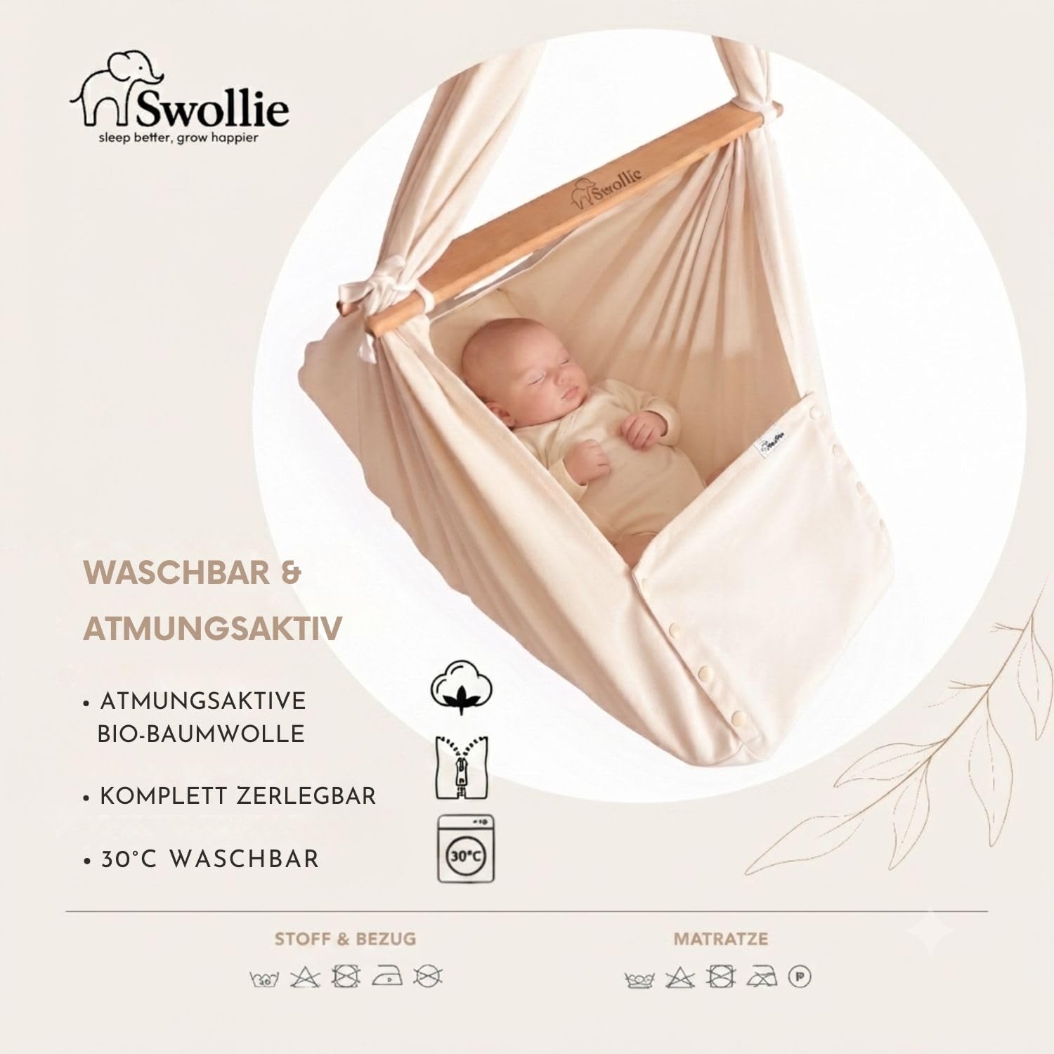Premium Federwiege Grau - Bio-Baumwolle - für Babys ab Geburt bis 15 Kg - Schafwollmatratze -geborgener Babyschlaf - ergonomische Liegefläche