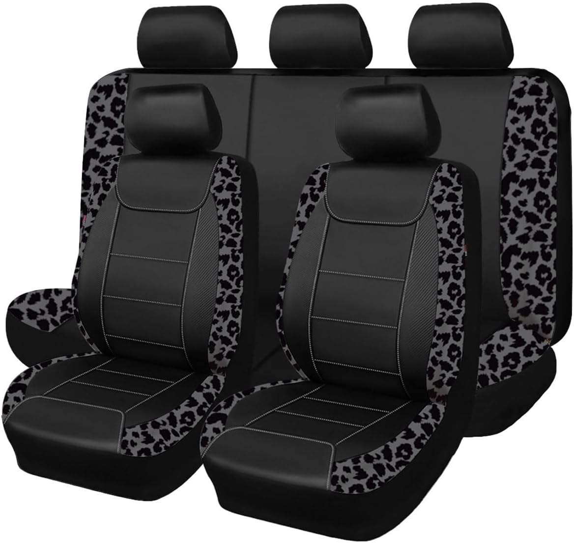 Flying Banner Carbon Fiber Leather Vehicle Seat Covers, Leopard Gray Black, Universal Fit - 8PCS
