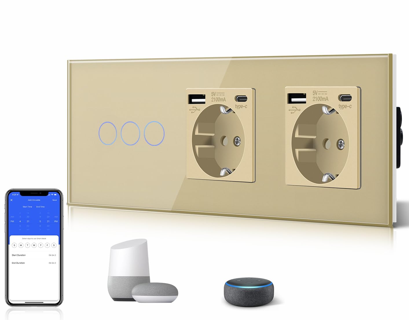 BSEED BSEED 3 Gang 1 Vía Interruptor de Luz Táctil Inteligente WIFI con Doble Schuko Tipo C y USB Enchufe Estándar, Compatible con Alexa/Tuya/Smart Life (Requiere Cable Neutro) Oro