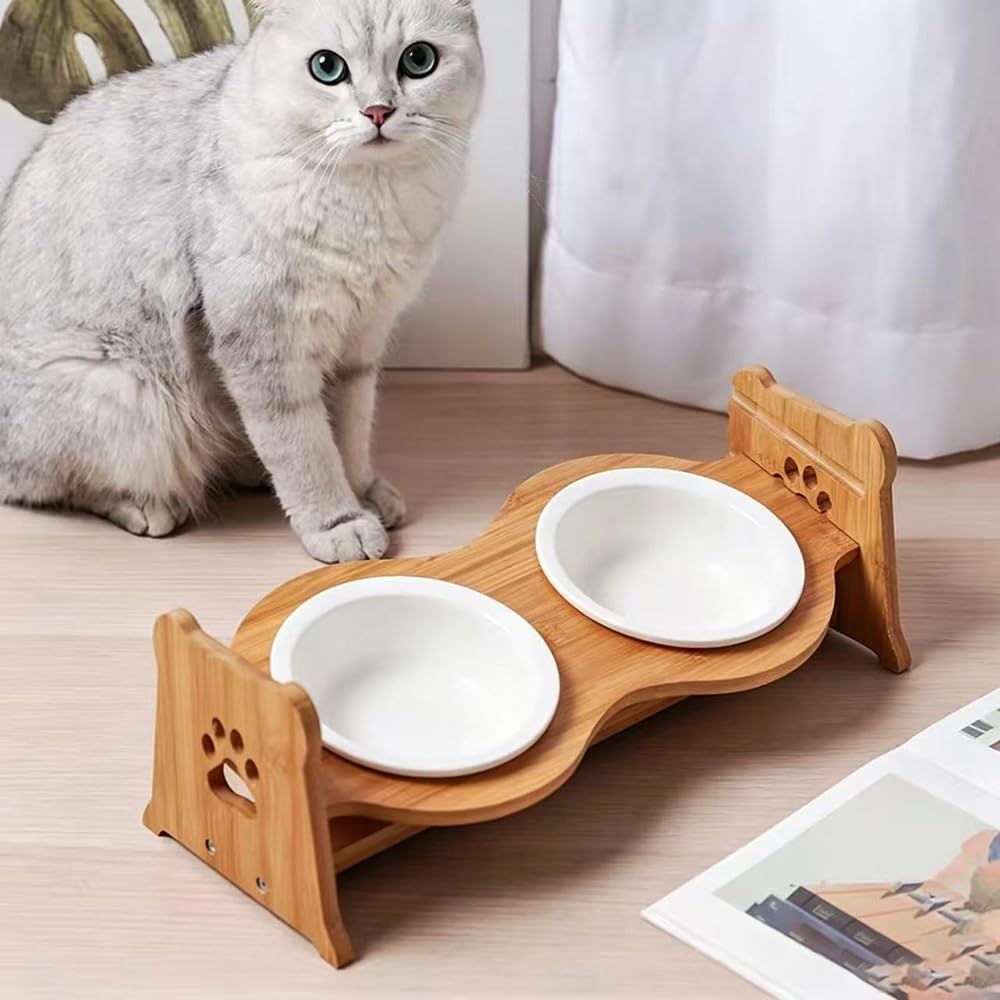 Miska Z Regulacją Wysokości Dla Zwierząt | Podwyższony Podajnik Z Ochroną Szyi, Idealny Dla Szczeniąt I Kociąt(White Double Bowl)