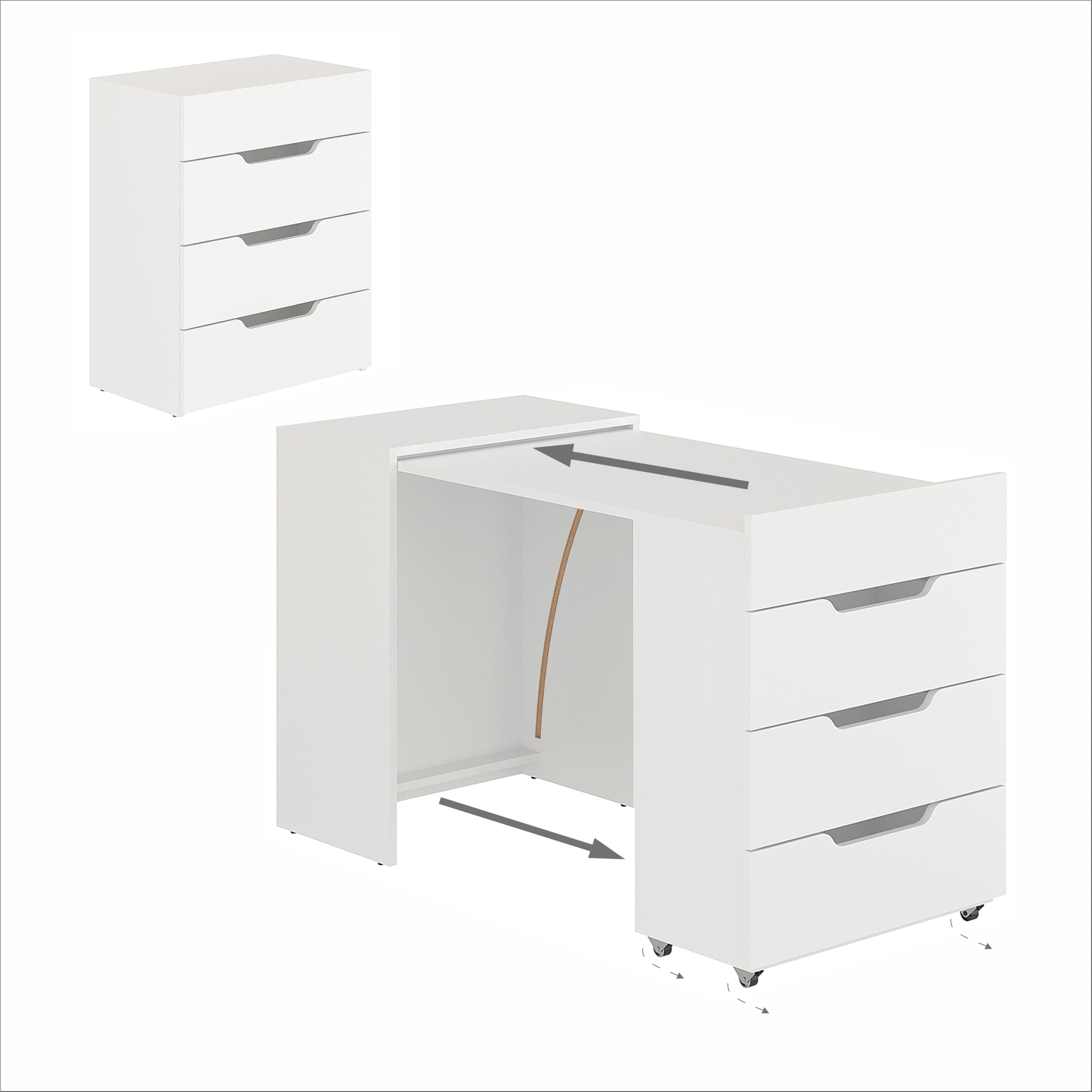 Komto Bureau Pliable Blanc 3 Tiroirs – Table PC Gain de Place Petit Espace FOLDY 128x60x75 cm