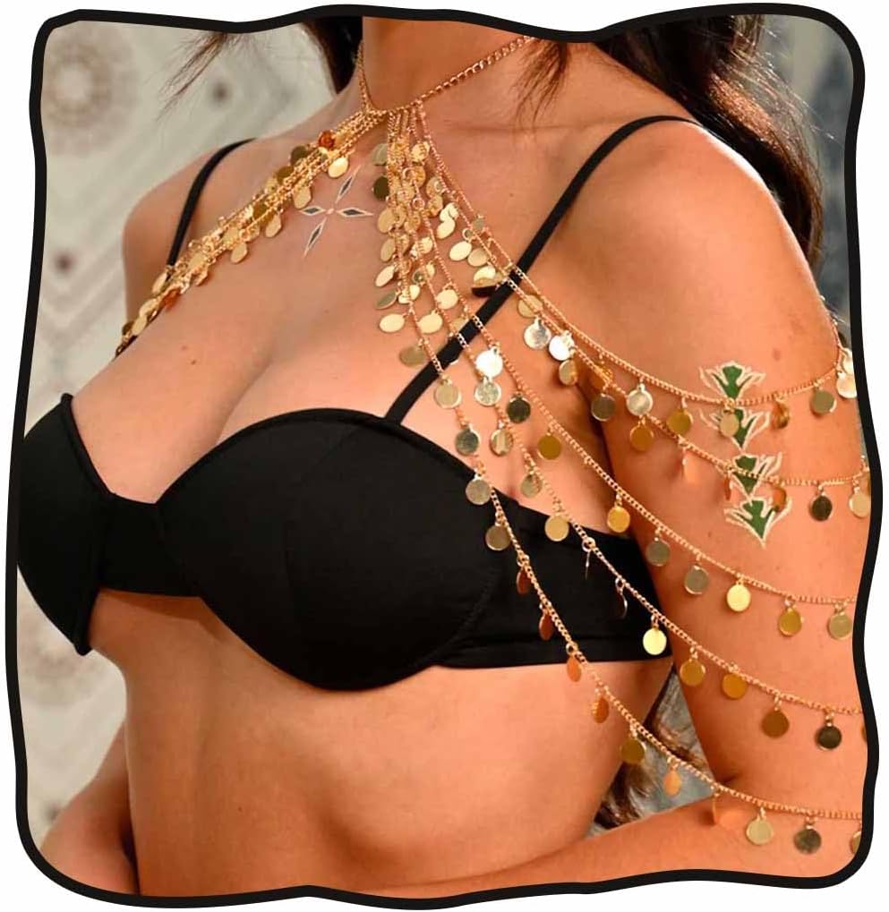DRESBE Layered Sequin Shoulder Chain Gold Boho Body Chains Summer Beach Body Accessories for Women