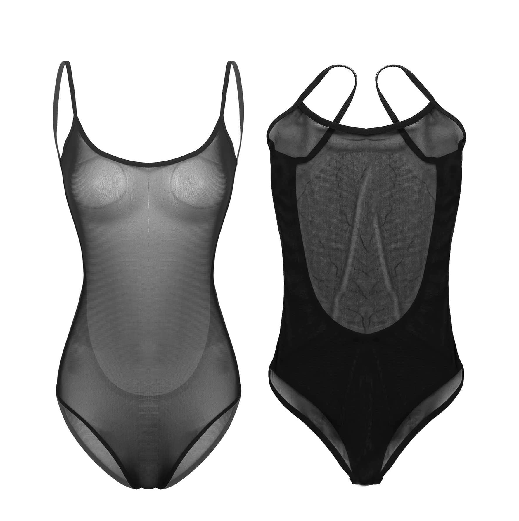 Sexy Mesh Body Transparent für Damen mit U-Ausschnitt Rückenfrei, Tüll Bodysuit mit Spaghettiträger, Stringbody Durchsichtig, Einteilige Dessous Ärmellos Reizwäsche Monokini