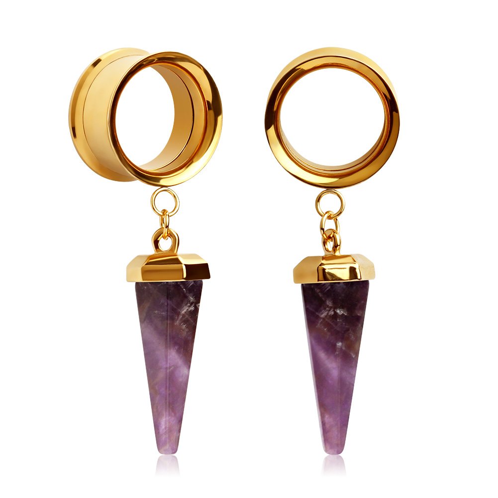 KUBOOZ(1 Pair Amethyst-Stone Pendant Stainless Steel Ear Plugs Tunnels Gauges Stretcher Piercings.