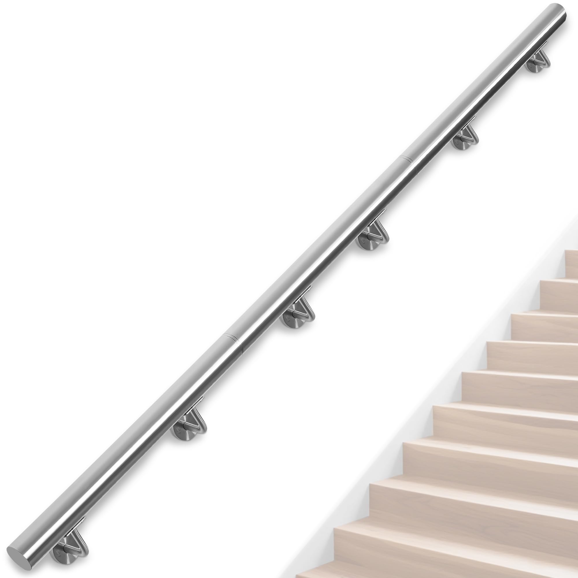 OUUTMEE Handlauf Edelstahl für Treppen 350cm Wandmontiertes Treppengeländer mit Halterungen,rund Ø 42 mm,Innen Außenhandlauf für Dachboden, Veranda, Garage Terrasse