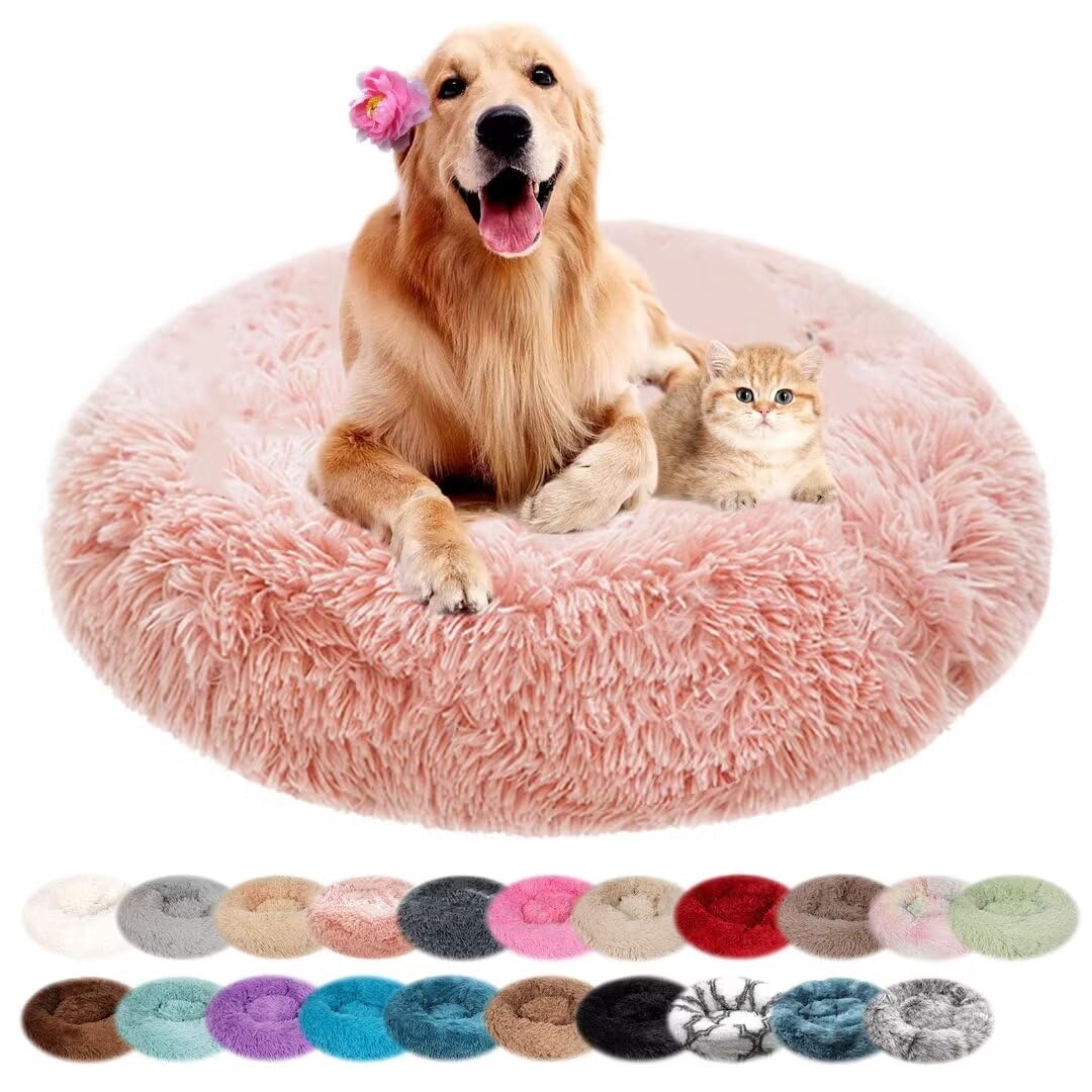 nvdsivee Dog Bed Plush Round Cat Bed for Indoor Cats Puppy Bed Washable Calming Dog Beds Cushion for Small Medium Large Dogs Dog Mattress with Anti-slip Bottom Light Pink 120cm