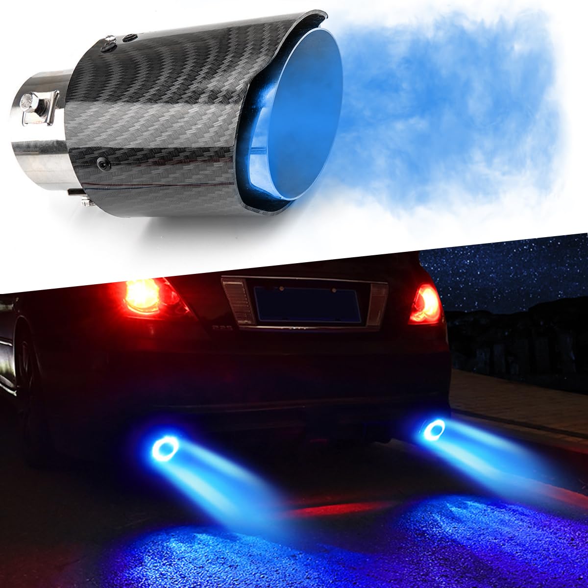 2.5" Inlet Carbon Fiber Exhaust Tip with Red LED Light, Tailpipe Muffler | Stainless Steel Rear Tail Pipe Flue for 1.5"-2.4" Adjustable Inlet, Universal Modified Racing Style Automotive Accessories-image-6