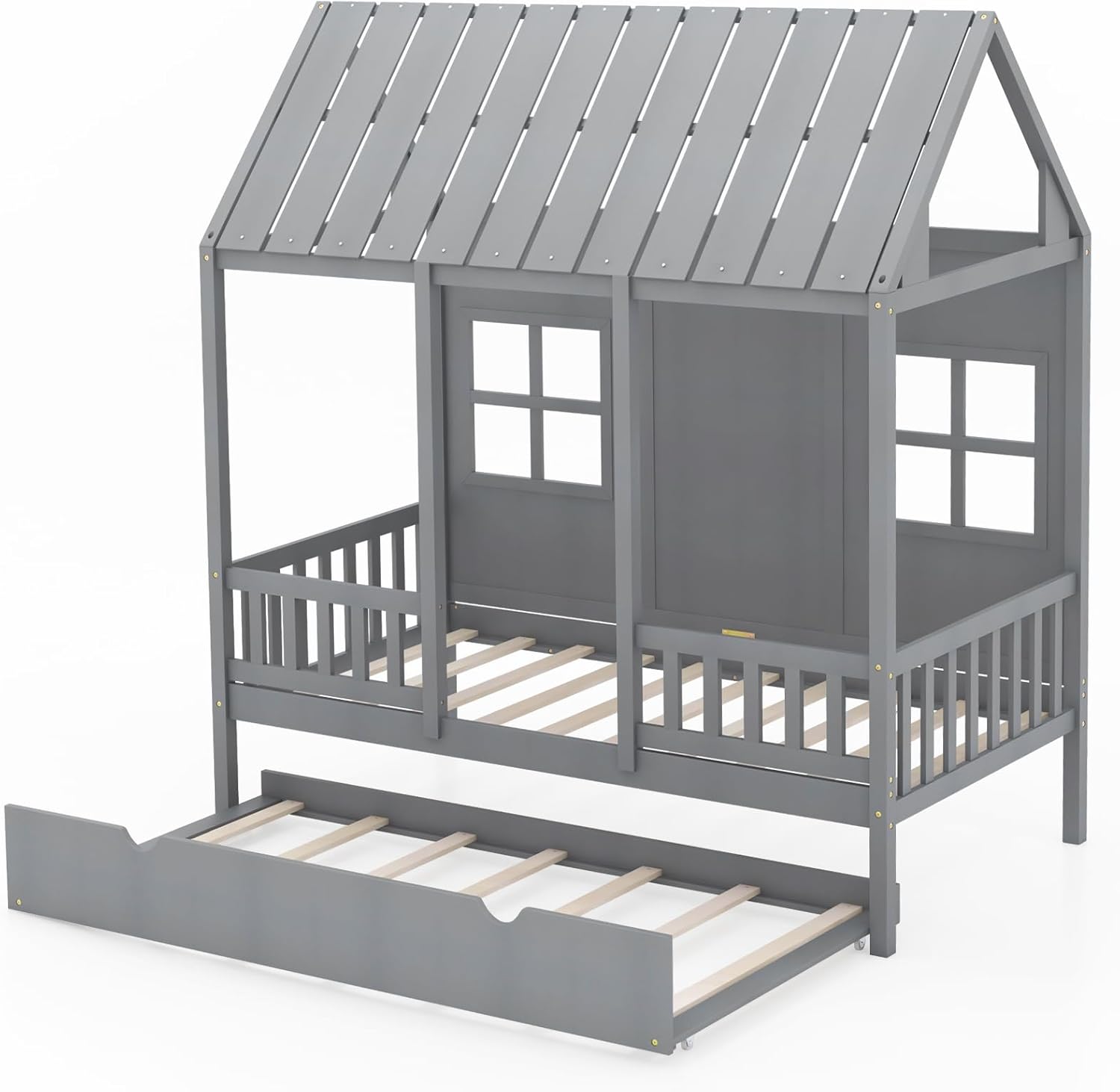 KOMFOTT Twin Size House Bed with Trundle, Wood Kid’s House Bed Frame with Roof, Windows, Fence Rails, Playhouse Bed Frame with Sturdy Bed Slats for Boys & Girls, No Box Spring Needed (Grey, Twin)