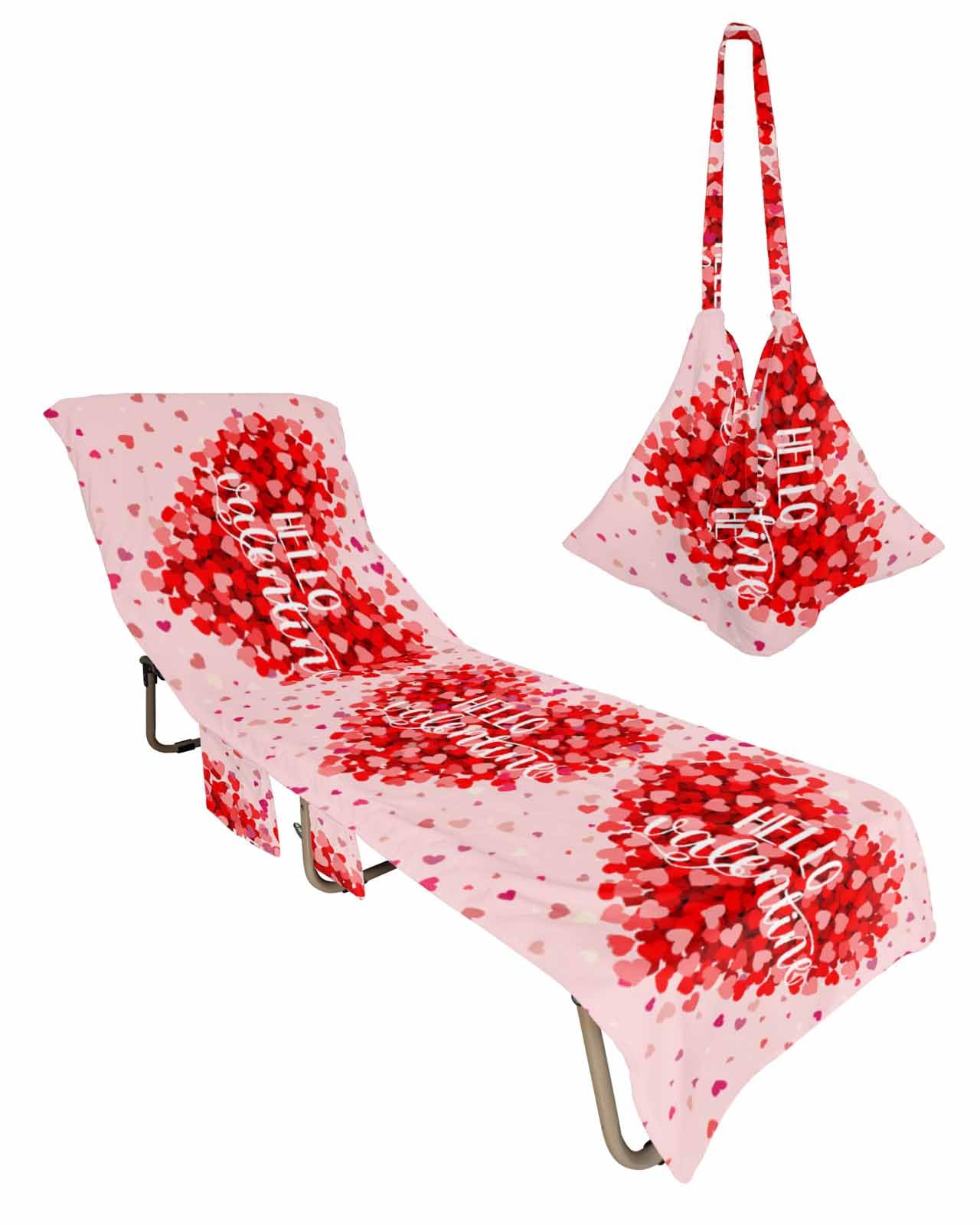 Hello Valentine Beach Lounge Chair Towel Cover, Soft Chaise Lounge Towel with Side Pockets Patio Pool Chairs Cover for Beach/Pool Sunbathing 29x85 Pink Red Love Heart