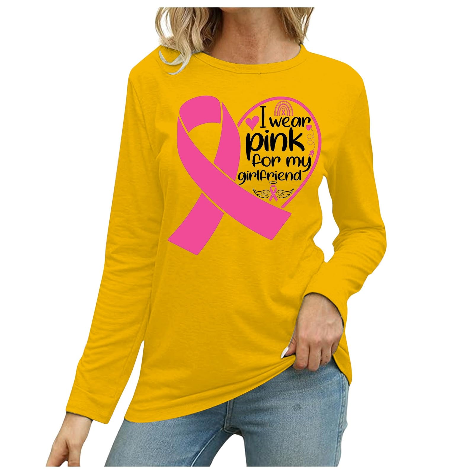 Women's Casual Round Neck Breast Cancer Prevention Month International Awareness Month Printed Long Sleeve T Shirt Exercise Wear