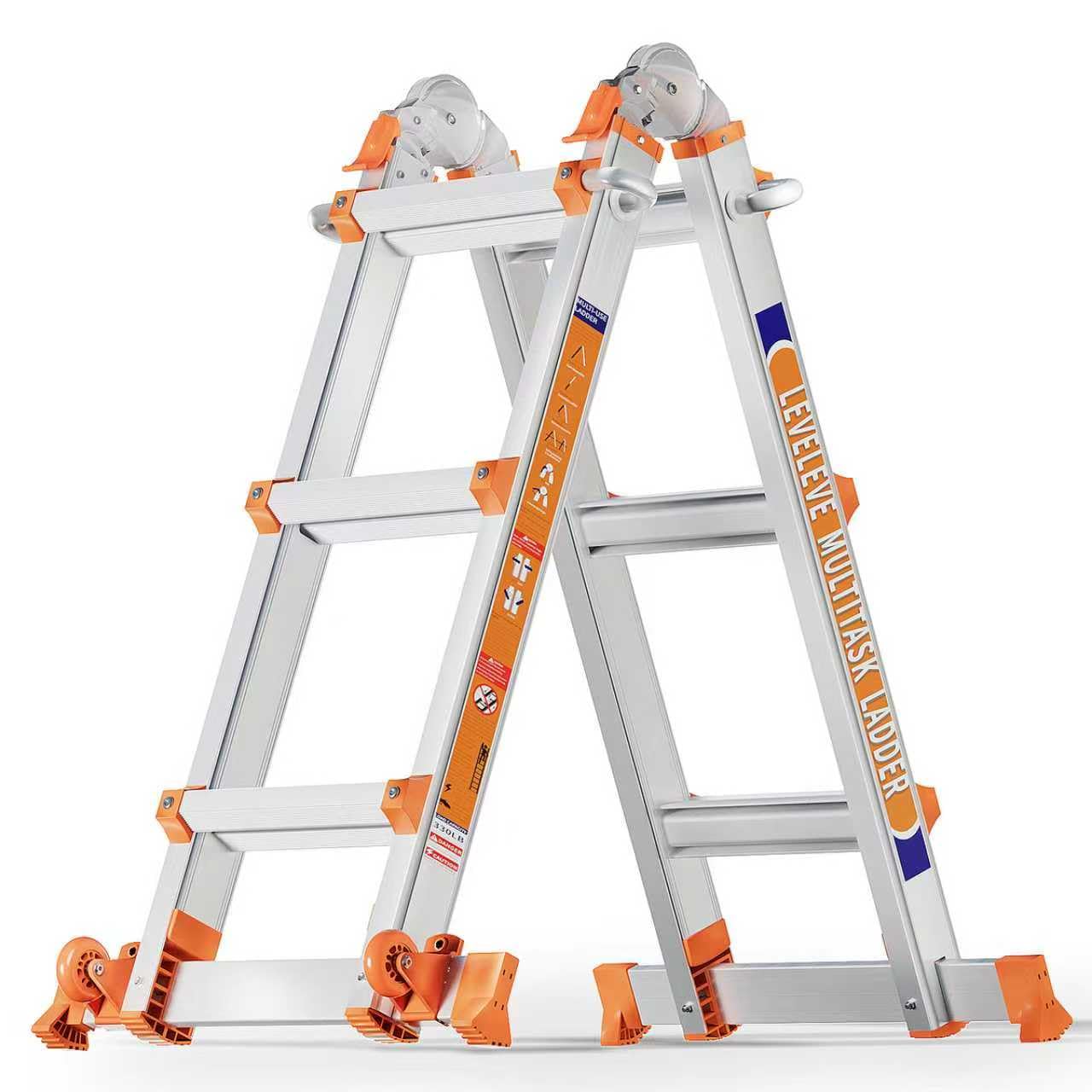Escalera de 3 peldaños con Varias Posiciones, Escalera Deslizante de 3,3 m con estabilizador y Ruedas, Carga de Seguridad de 150 kg, una Escalera de Marco para escaleras, hogar, Interior, Exterior y