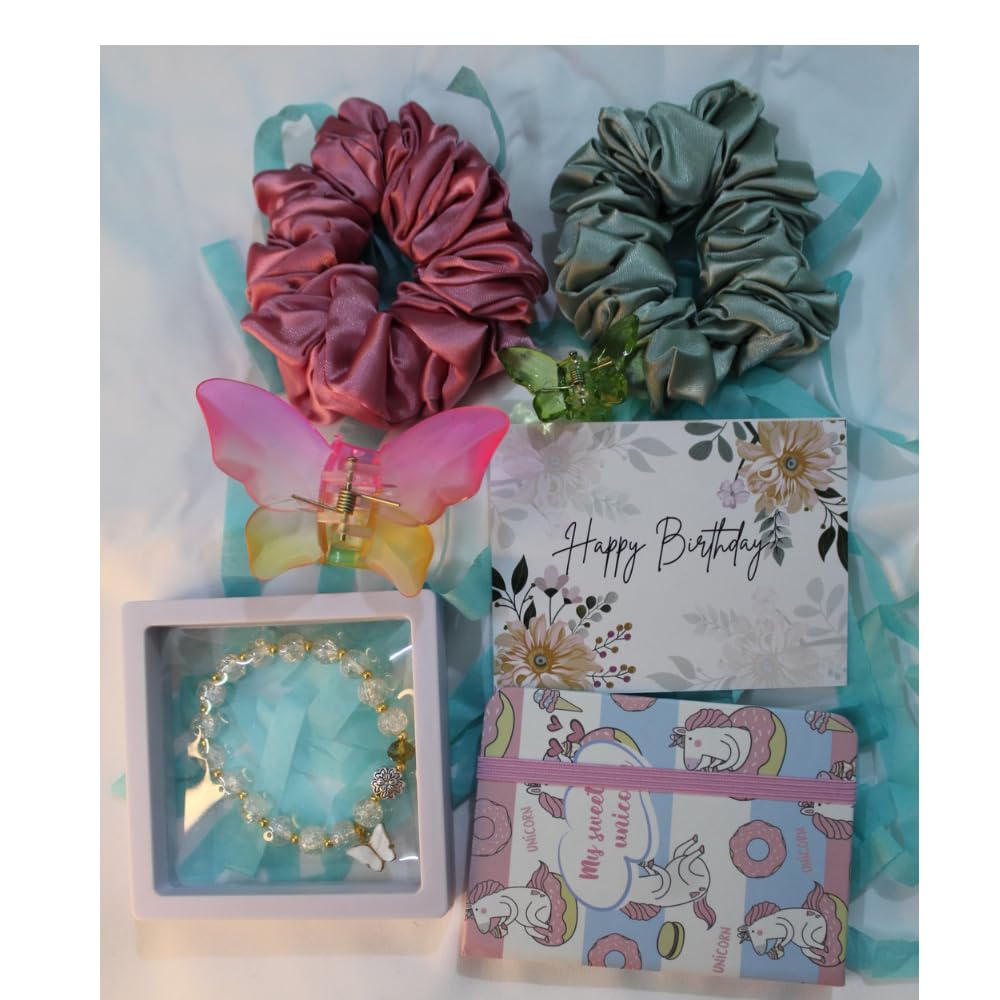 Box of Bliss 7pcs Birthday Gift Combo/Hamper for Women and Girls 2 Hair Scrunchies, 2 Clutches, 1 Birthday Card, 1 Charm Bracelet, 1 Mini Diary| Gift for Her |Anniversary, Valentines. (white) Box of Bliss 7pcs Birthday Gift Combo/Hamper for Women and Girls 2 Hair Scrunchies, 2 Clutches, 1 Birthday Card, 1 Charm Bracelet, 1 Mini Diary| Gift for Her |Anniversary, Valentines. (white)