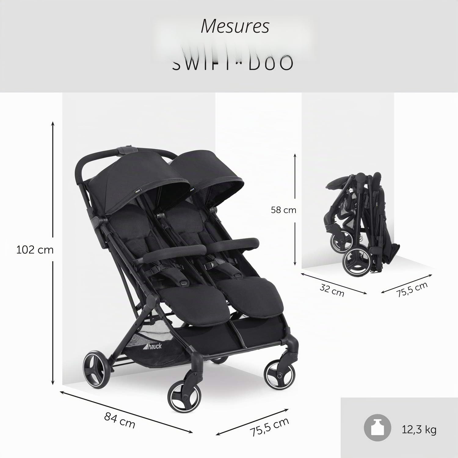 hauck Poussette Double Swift X Duo – pour Jumeaux ou Enfants d’Âges Rapprochés dès Naissance jusqu’à 3 Ans (15 kg chacun) – Panier XL, Pliable d’une Seule Main, Dossiers Inclinables, Noir
