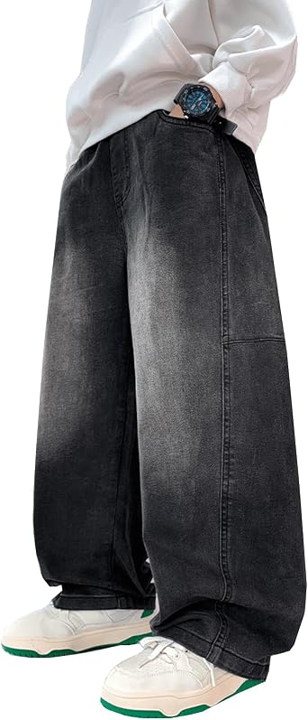 Viatabuna Boys Casual Baggy Jeans Elastic Waist Y2K Straight Wide Leg Denim Pants Kids Boys Pull On Jeans with Pockets 6-15Y