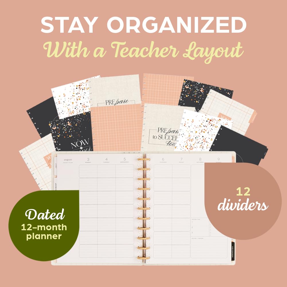 Happy Planner - Planificador encuadernado en disco de julio de 2026 a junio de 2027, tamaño grande | Incluye 3 meses adicionales y 2 hojas de calcomanías, 8.5 x 11 pulgadas, diseño para profesores, tema suave y moderno