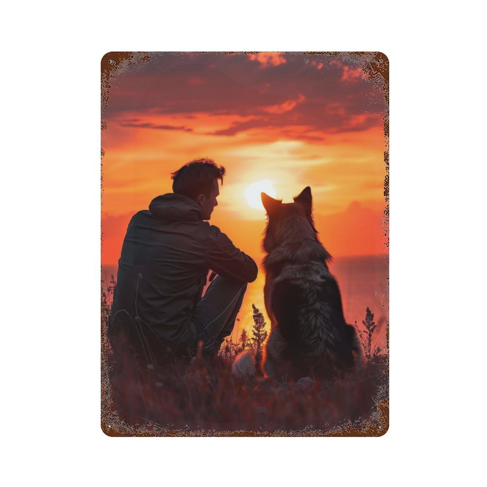 Man And Dogs Friendship 15.7"x11.8" Rusty Metal Tin Sign, Novelty Wall Decor for Cafe, Home Bar And Lounge Decor