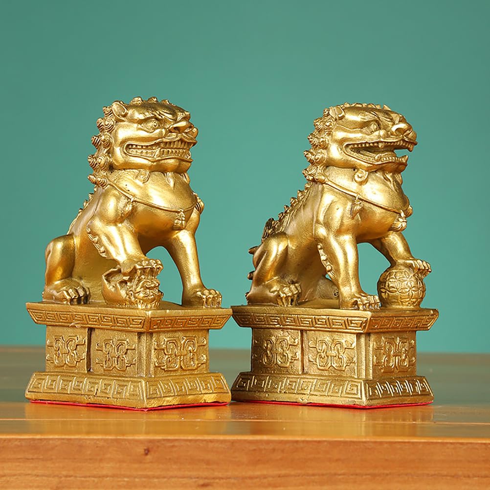 WHSY127 Para mosiężnych posągów psa Fu, chińskie lwy stróżują dla bogactwa i ochrony Feng Shui, figurki do wystroju wnętrz, parapetówkę, mosiądz, 3,74"