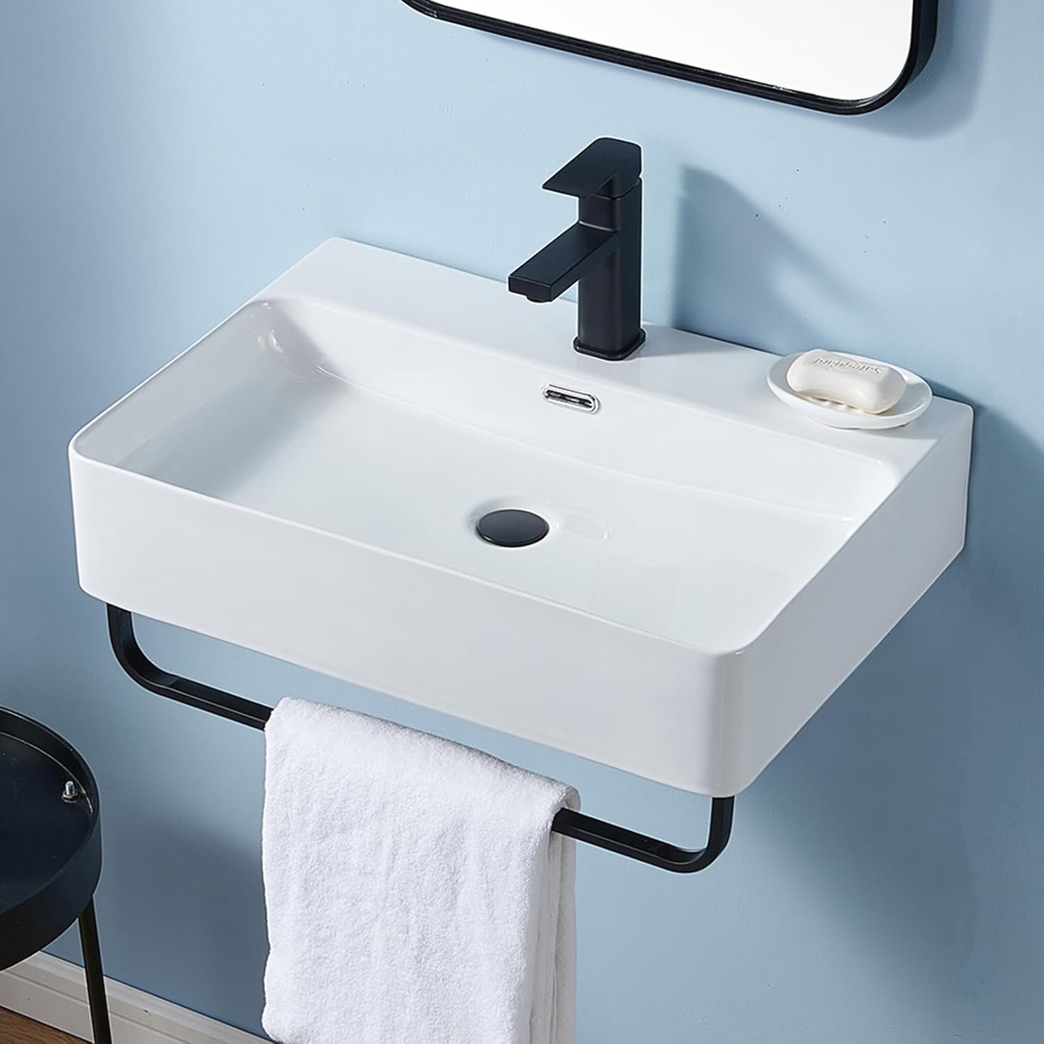Wall Mounted Sink White with Towel Rack, 24"x16" Vessel Sink Rectangle, Wall Mount Floating Bathroom Sink Wall Hung Porcelain Ceramic Modern Sink With Single Faucet Hole and Overflow 16.8"D x 23.8"W x 5.3"H