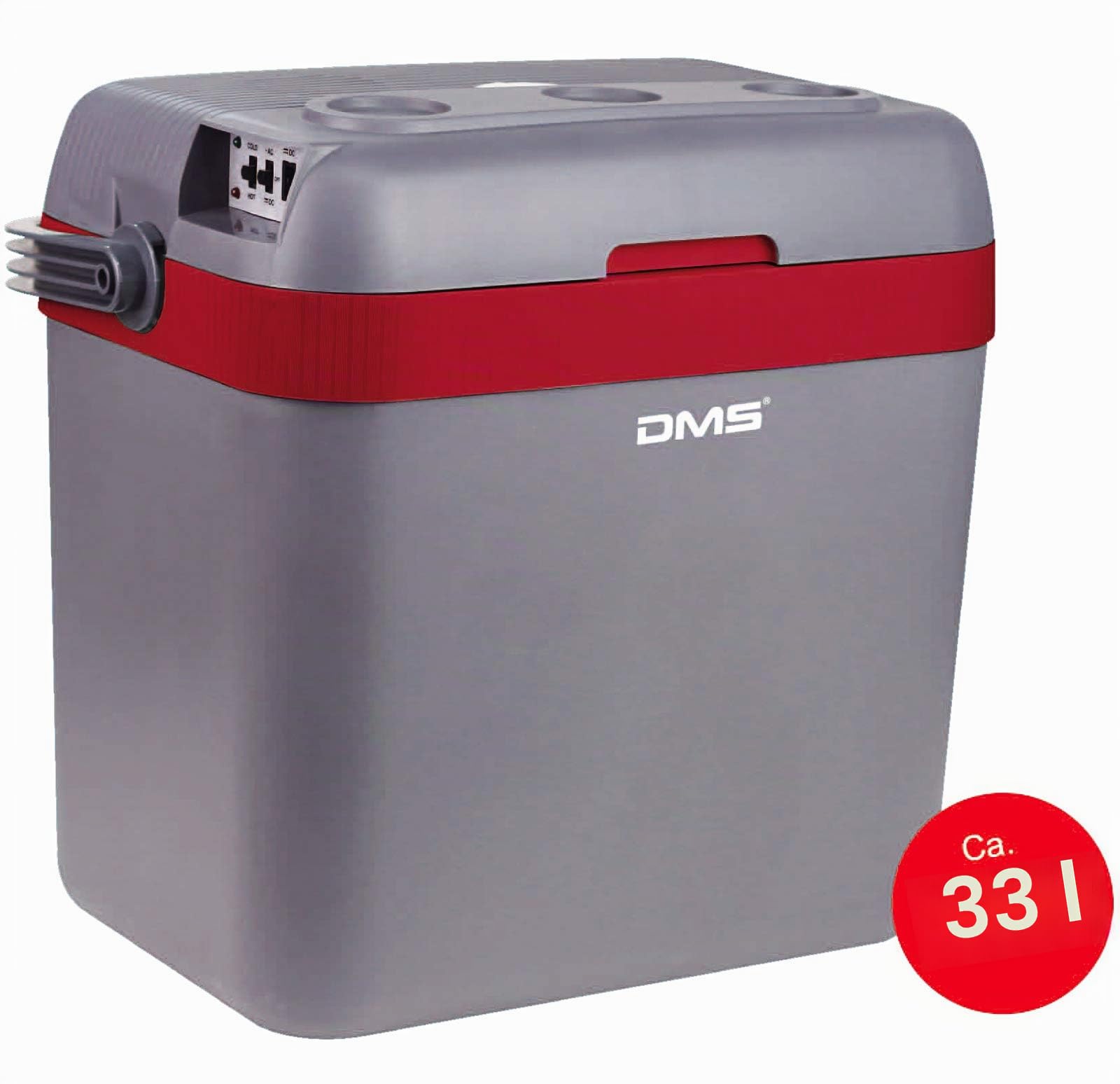 DMS® thermoelektrische Kühltasche 33 L | Gefriertasche | Getränkebox | Kühl- und Warmhaltefunktion | Auto und LKW | Camping | 12-24 V | grau-rot