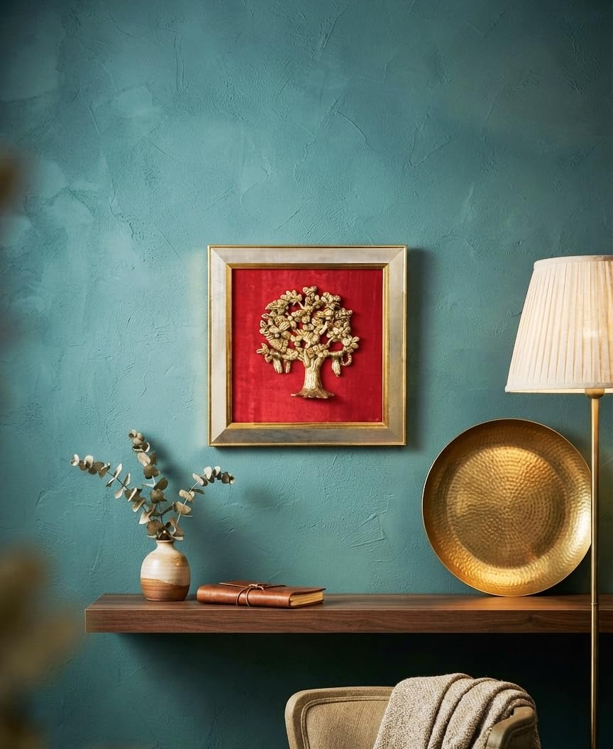 SHREE HARI HOME DECOR Divine Brass Kalpavriksha – Brass Kalpvriksha Tree of Life Sacred Wall Art on Red Backdrop with metal frame small-image-28