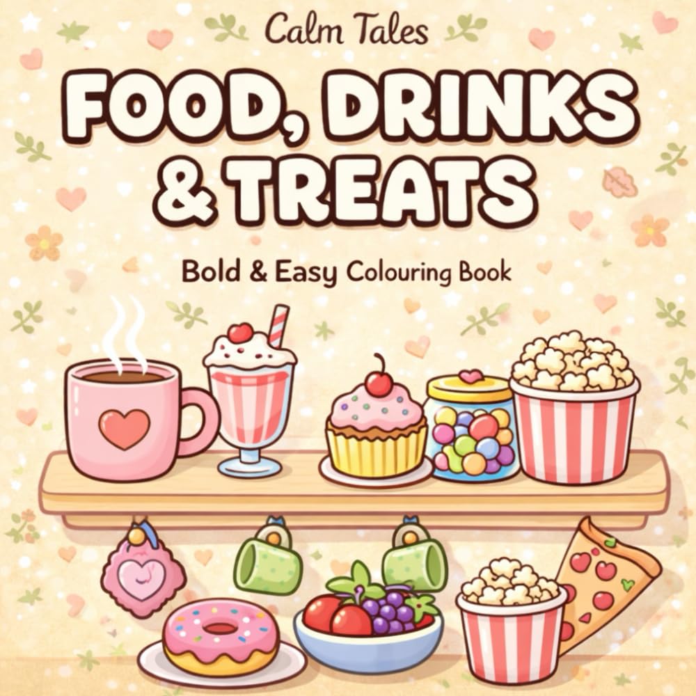 Food, Drinks & Treats: Bold & Easy Coloring Book for Adults and Teens | 50 Cozy Pages of Cute Snacks, Desserts & Café Moments: Cozy Café Scenes, Cute Snacks & Bold Designs for Sweet Relaxation