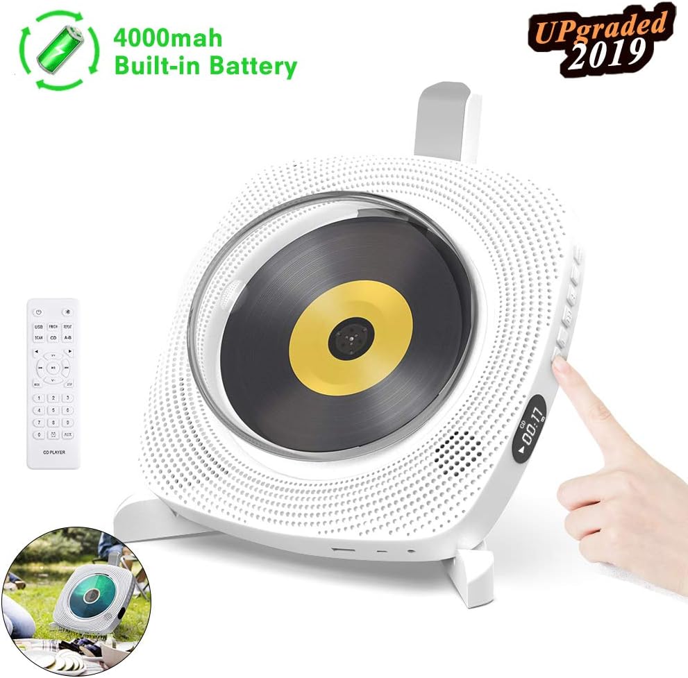 GEEKERA Portable CD Player Bluetooth, Rechargeable Wall Mountable Bluetooth MP3 Music Player Home Audio Boombox with Remote Control USB FM Radio 4000mAh Battery HiFi Speakers Headphone Jack AUX Cable
