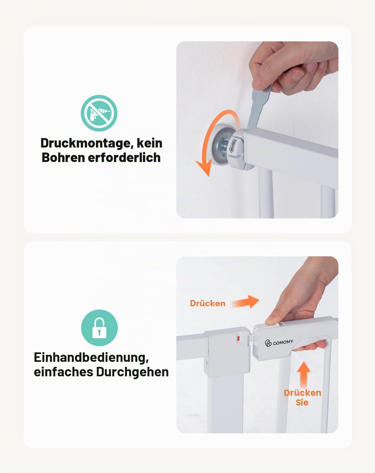 COMOMY Türschutzgitter Extra Hoch 75-103cm Treppenschutzgitter ohne Bohren 91,5cm Weiß