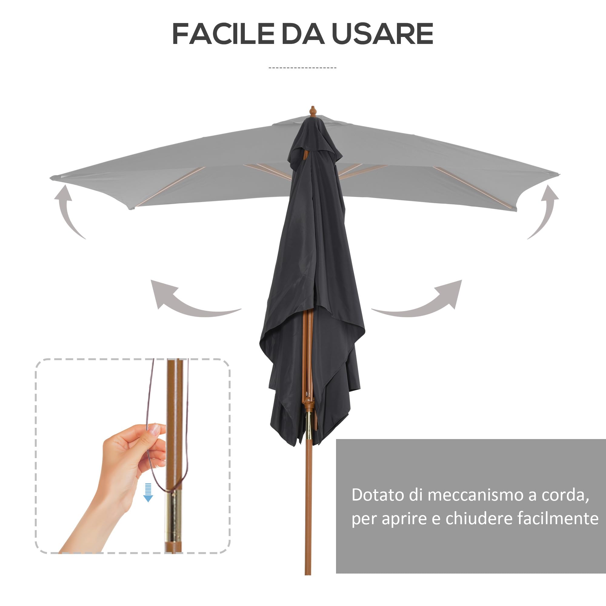 Outsunny Ombrellone da Giardino 2x3 m con Corda e Prese d'Aria, Ombrellone da Esterno con 6 Stecche in Legno, Bambù e Poliestere 180g/㎡, per Cortile, Terrazza e Balcone