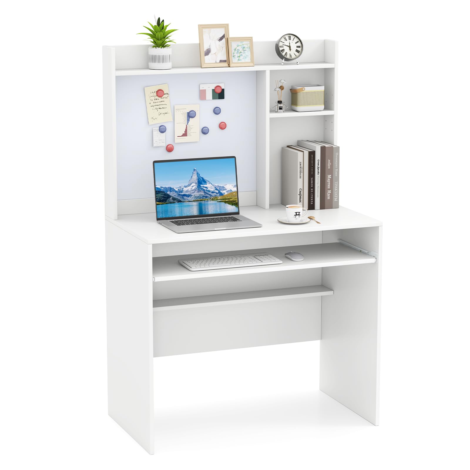 COSTWAY Computer Desk, Modern Writing Workstation PC Laptop Table with Hutch, Magnetic Bulletin Board, Keyboard Tray and Adjustable Shelf, Home Office Work Study Desk (White) — image 1