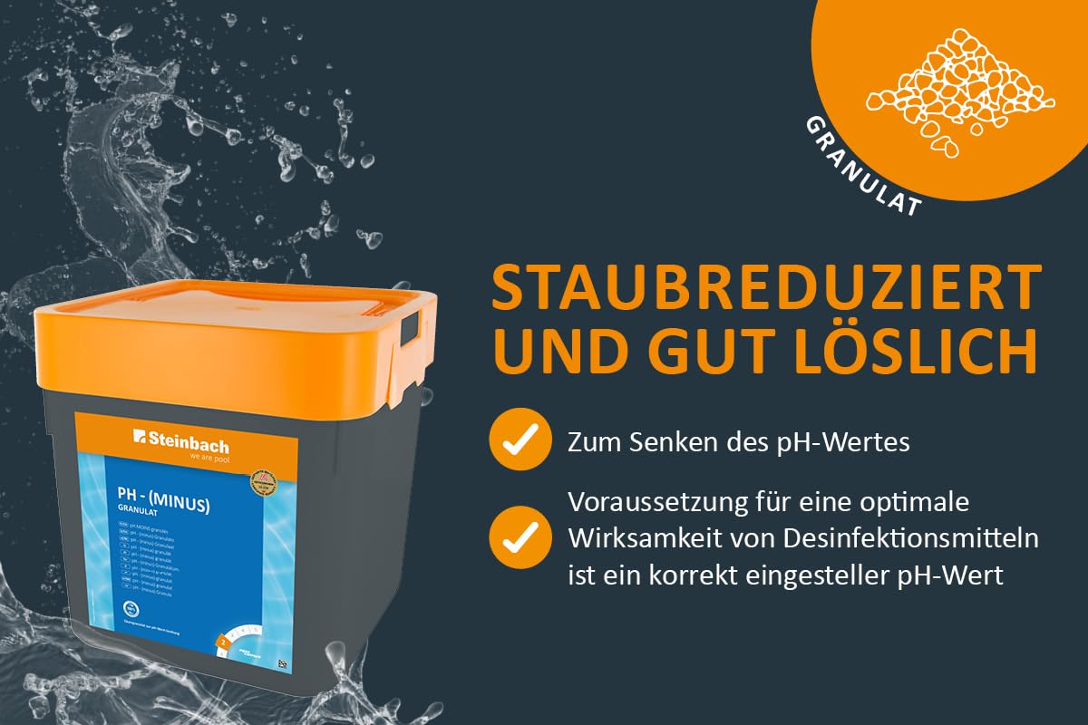 Steinbach Poolpflege pH-Minus Granulat – 0753005TV00 – 7,5 kg – Zur pH-Wert-Senkung im Pool/Gut löslich & staubreduziert/Für bessere Wirksamkeit von Chlor & Desinfektionsmitteln