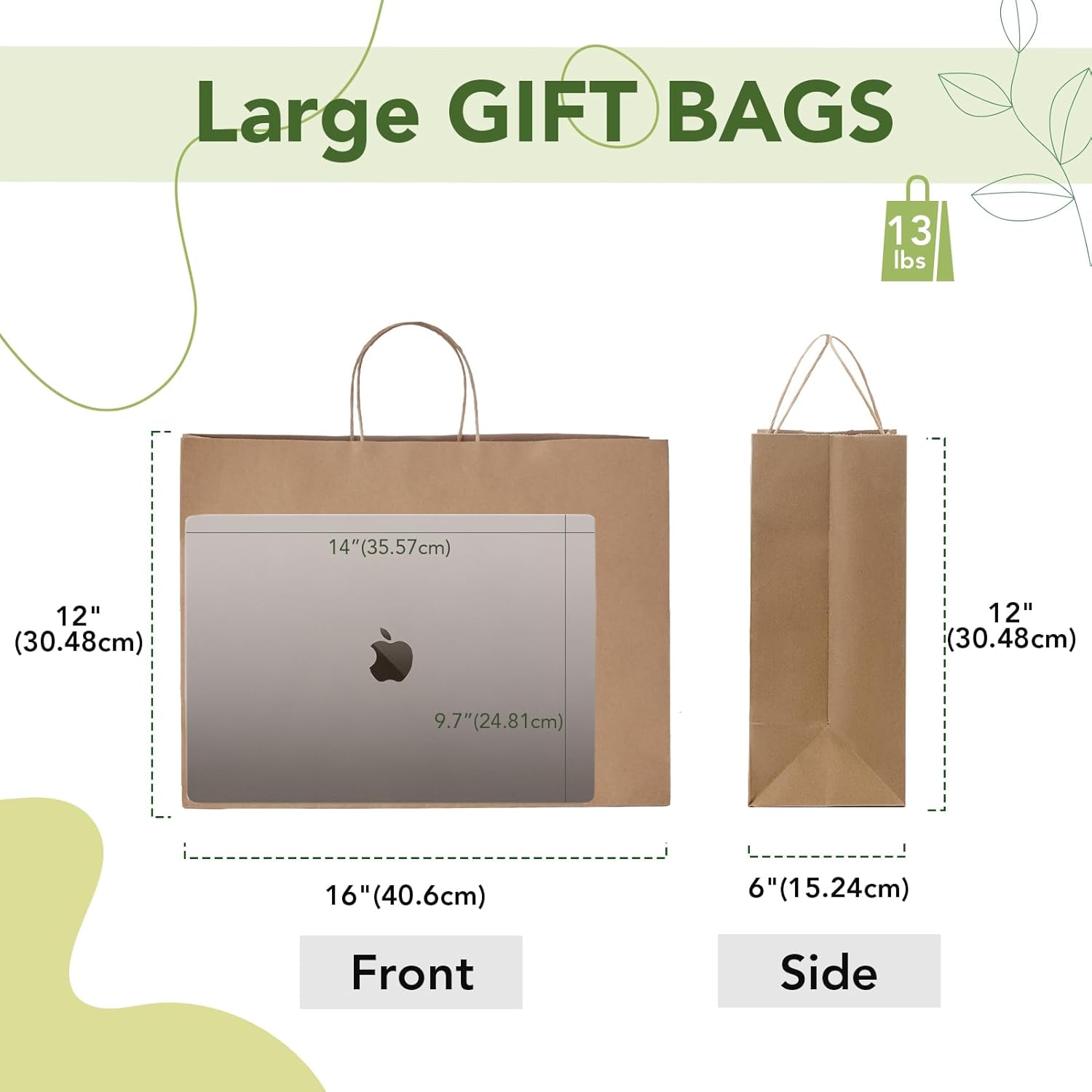 MESHA Large Paper Bags 16x6x12 Inch,Brown Kraft Gift Bags 50 Pack Bulk, Crafts Shopping Bag For Retail Wedding Party Favor Small Business Grocery - Image 3
