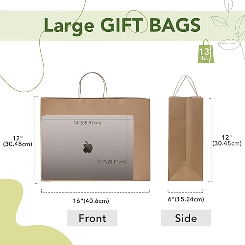 Miniatura 3 de MESHA Bolsas de papel grandes de 16 x 6 x 12 pulgadas, bolsas de regalo de papel kraft marrón, paquete de 50 bolsas a granel, bolsa de compras para