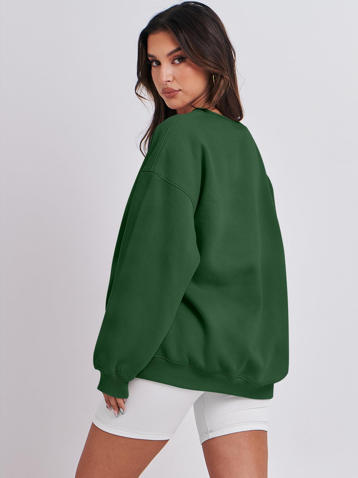 Damskie bluzy oversize bluzy z kapturem polar okrągły dekolt sweter top codzienne jesienne stroje preppy ubrania nastolatki 2024 A1019 światło, Jeden kolor, Deep Green_X-Small