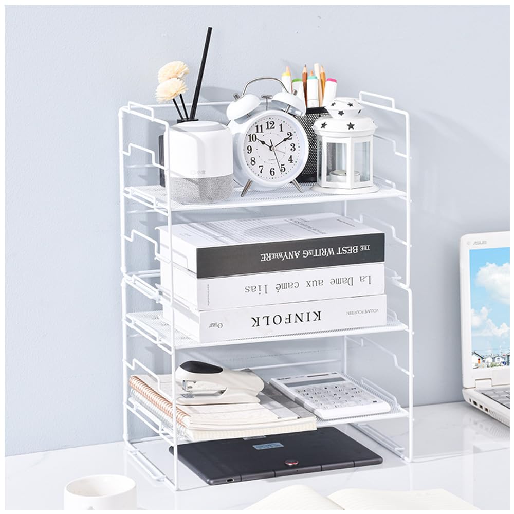 Axroad MallDesk Storage Shelf, 3 Tier Stackable Metal Desktop Organiser Display Shelf, Multipurpose Bookcase File Organizer Tray for School Home Office Supplies (White, 3 Tiers)