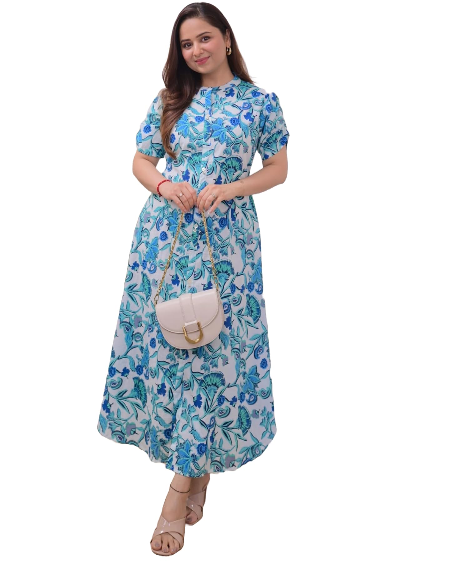 Sky Blue Cotton Calf-Length Dress: Floral Geometric Print, Flared Sleeves & Mandarin Neck || Kurti, Kurta, Dress or Gown for Teenage Girls & Women-image-0