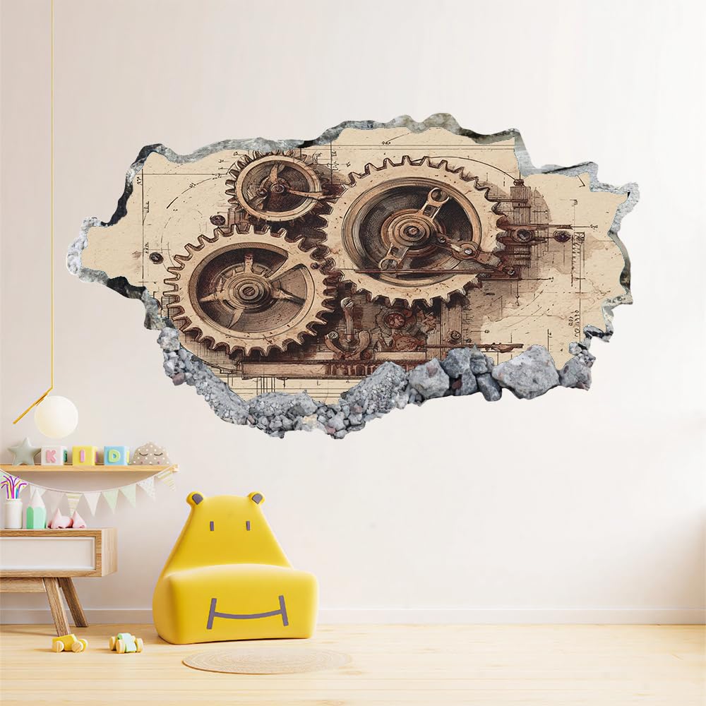 3D Wandtattoo Wanddurchbruch, Gang Durchbruch Wandaufkleber für Kinderzimmer, sticker für Wohnzimmer, Retromechanisch Wandsticker, Wandbild Junge Mädchen Schlafzimmer