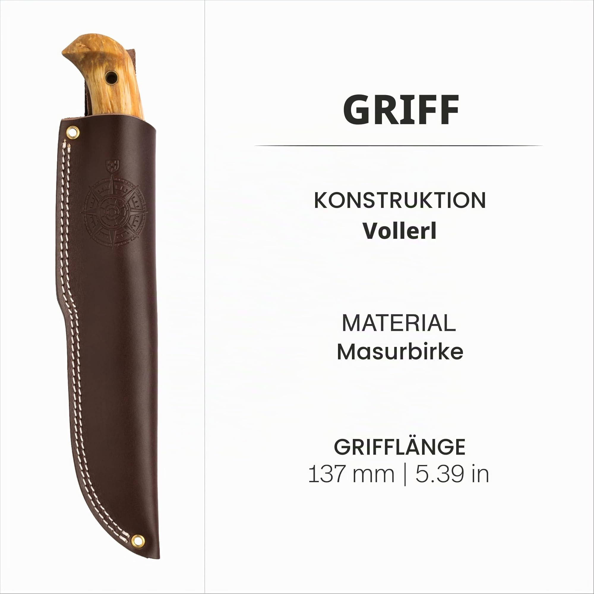 Helle NORD 670 Outdoormesser, Sandvik 14C28, rostfrei, Maserbirke, Lederscheide