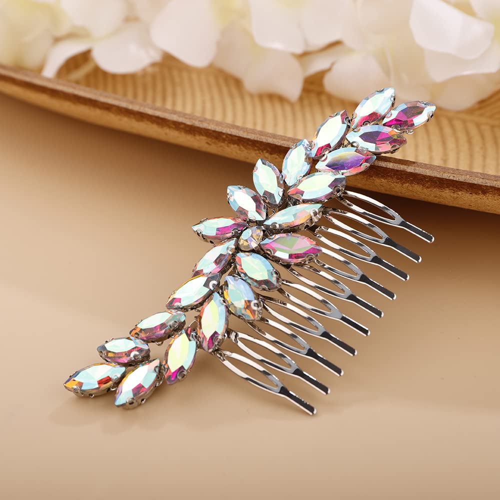 AB Color Crystal Hair Comb Slide for Brides Wedding Handmade Hair Accessories for Women Girls Pink 9