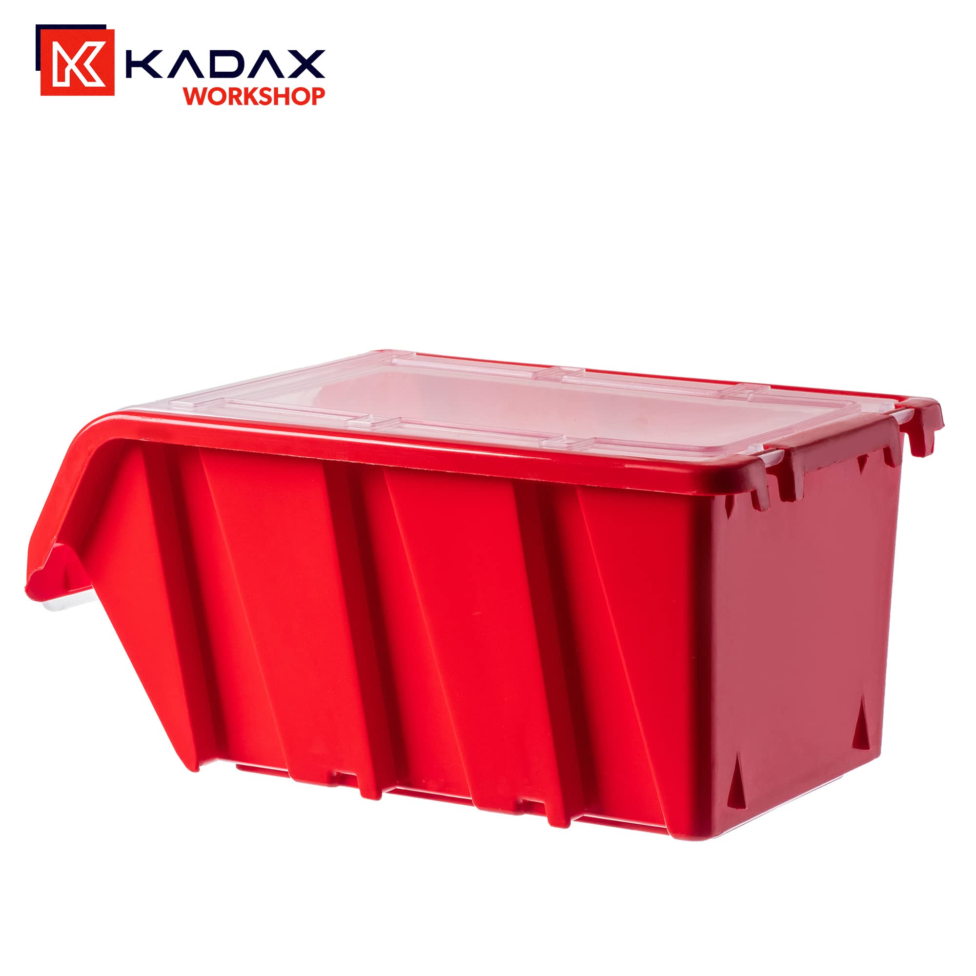 KADAX Caja apilable con tapa, caja de almacenamiento de plástico PP, en diferentes tamaños y colores, cajas de almacenamiento con solapa para pared de herramientas (rojo, 20 unidades - 195 x 120 mm)