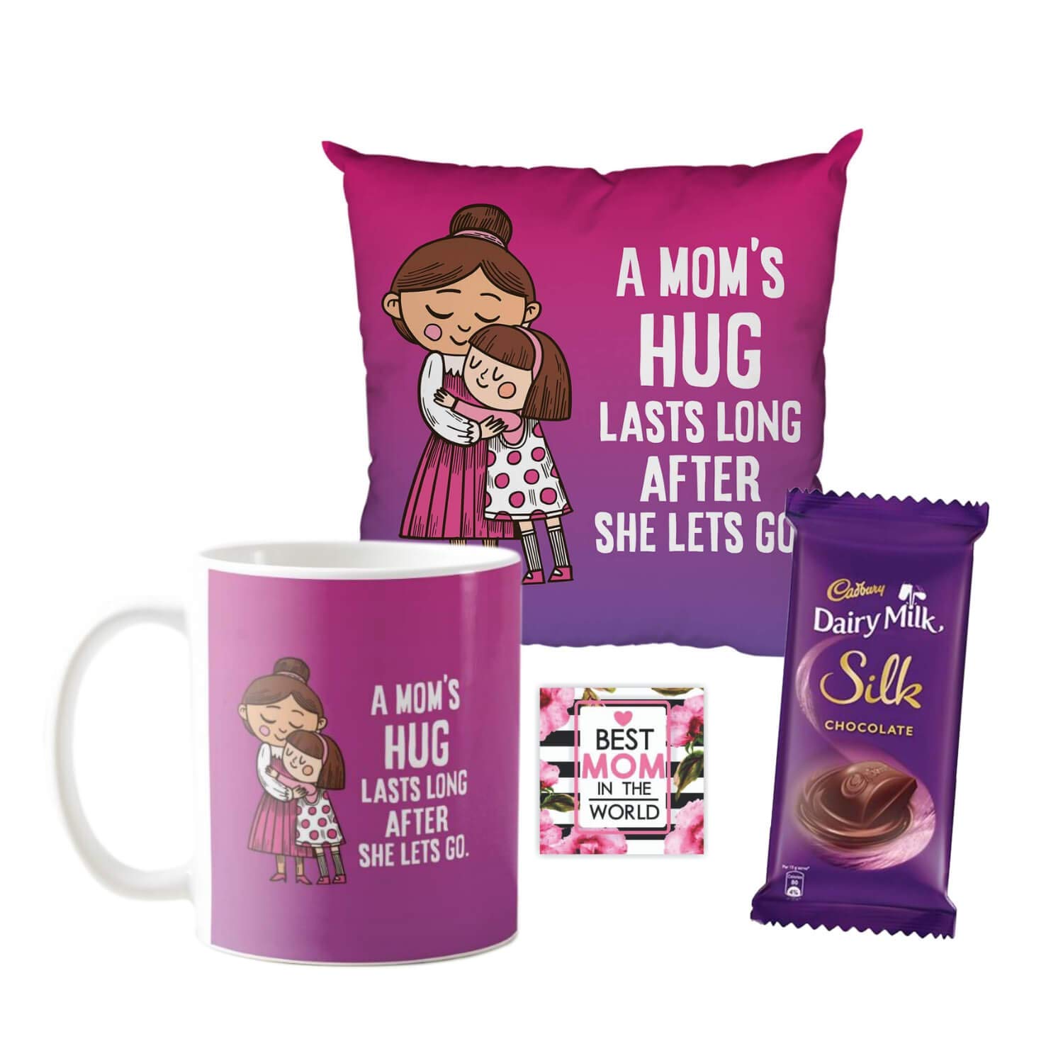 YaYa cafe� Mother's Day Chocolate Gifts Combo for Mom Hug Lasts Long After She Lets Go Mug, Cushion Cover, 1 Dairy Milk Silk Chocolates 60 gm, with Coaster-image-36