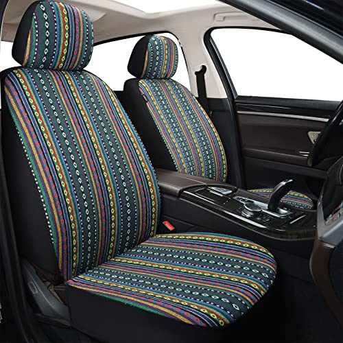 Akauto Baja Saddle Blanket Car Seat Covers Front Pair With Seat Belt Pads And Steering Wheel Cover, Universal Colorful Striped Woven Interior Cover For Sedan, Suv, Truck, Airbag Compatible #TOP1