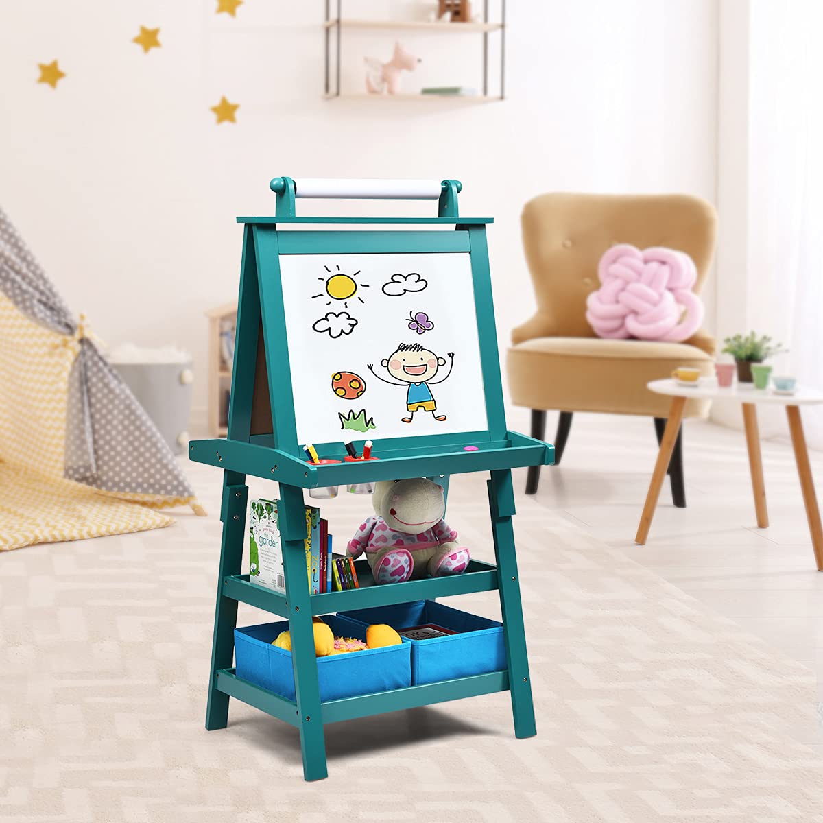 COSTWAY Pizarra de Doble Cara para Niño Caballete de Infantil Tablero de Pie con 2 Cajas de Almacenamiento,Rollo de Papel y Estantes (Azul)