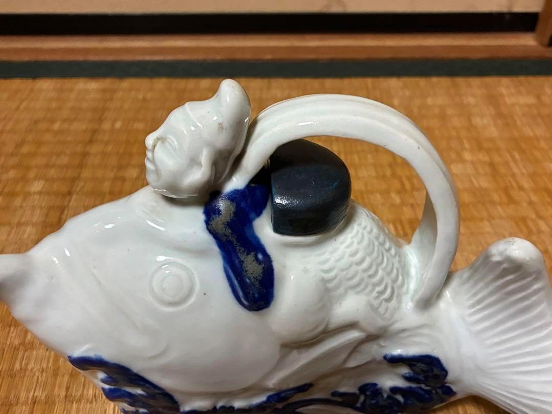 茶道具 白磁 魚型 陶器 手付き 急須 水柱 木箱付 中国美術 茶道具 白磁 魚