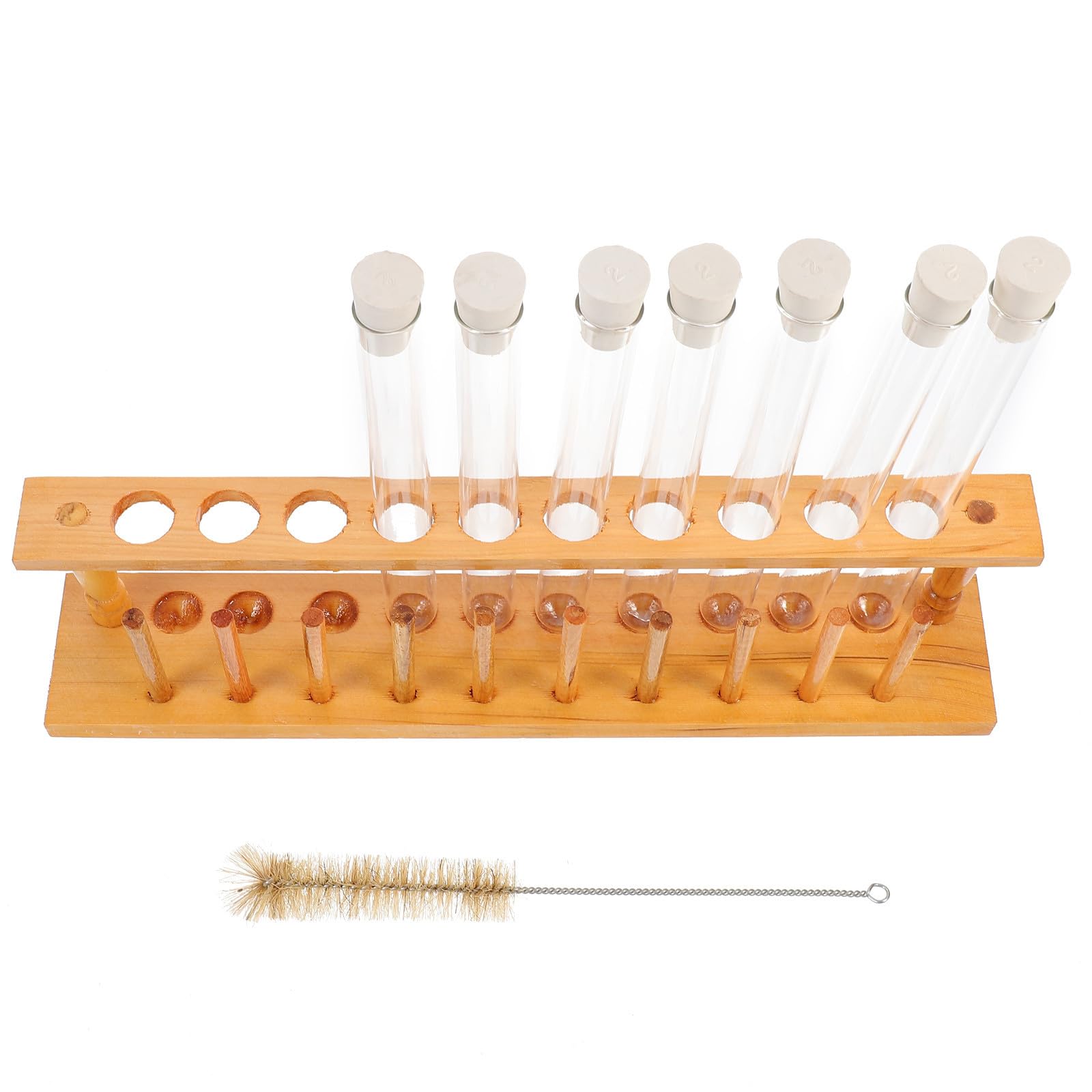 Kit Provette in Vetro con Tappo in Gomma con Supporto in Legno a 10 Fori 10 Pezzi e Spazzola per Pulizia per Scuole e Laboratori