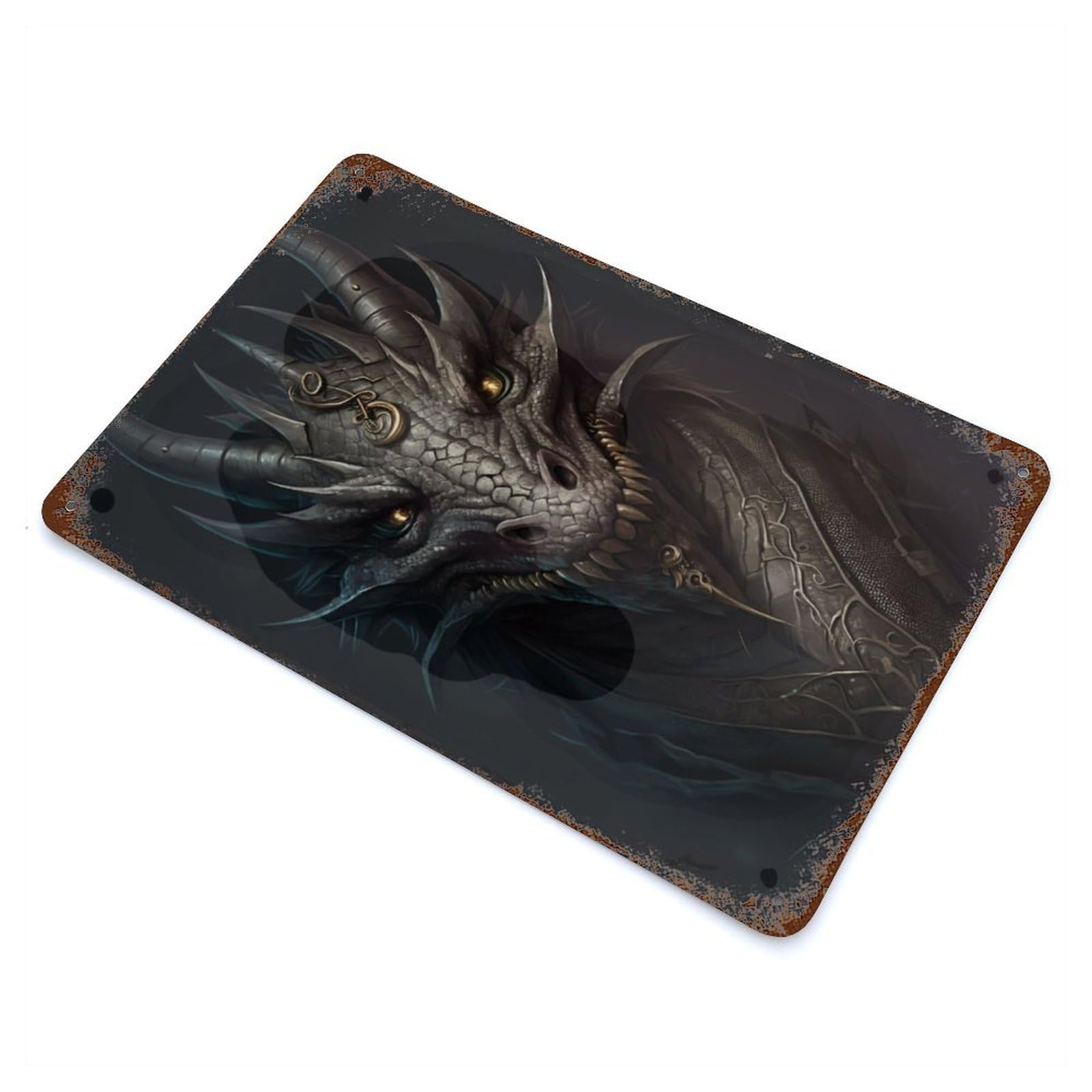 Aged Metal Wall Plaque with Dark Dragon Design 11.8"x7.9", for Cafe, Home Bar And Lounge Decor, Novelty Wall Decor