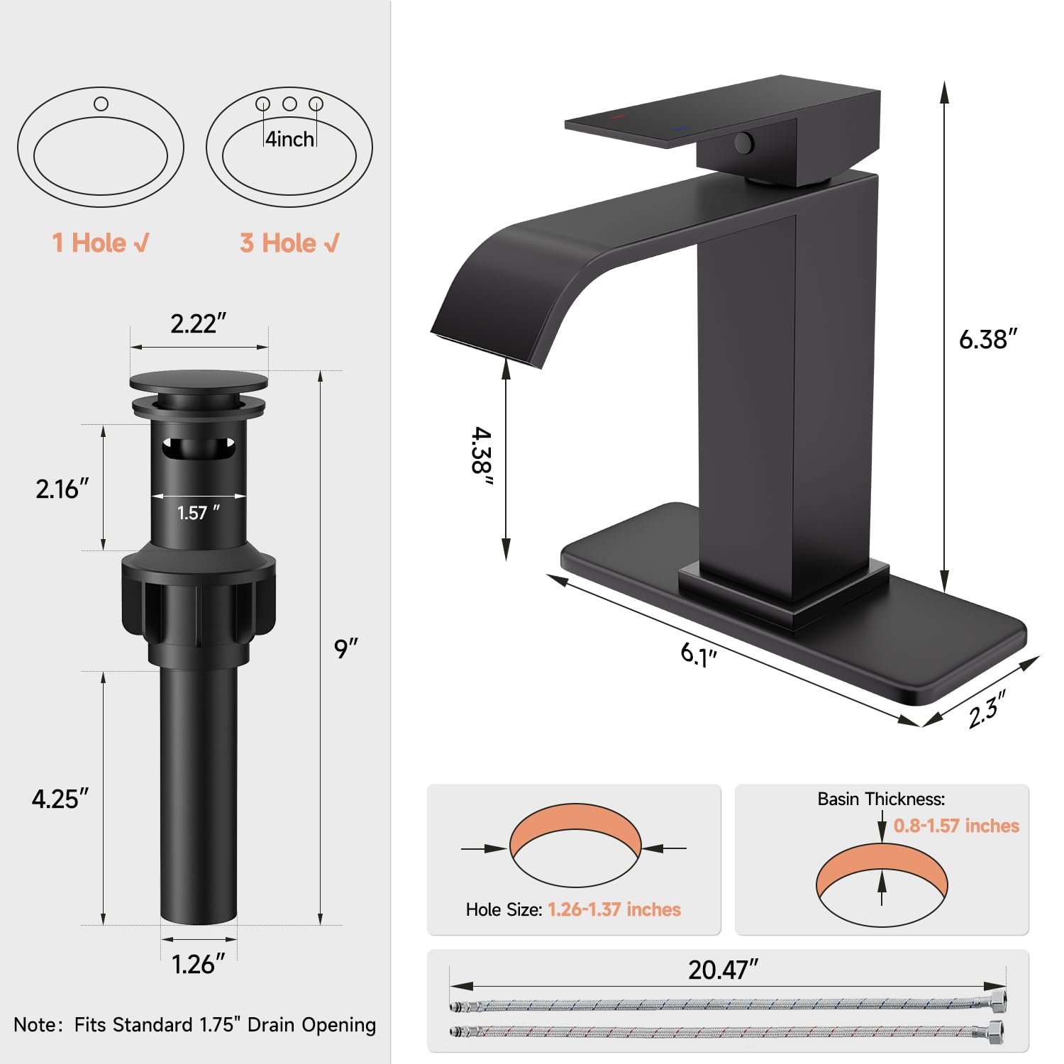 Grifo negro mate, acero inoxidable con base, manguera 52, drenaje de plástico, panel cuadrado corto